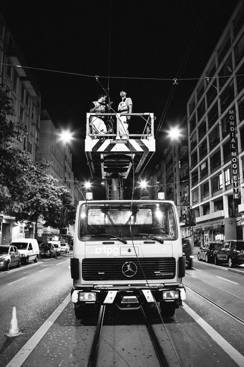 Reportage on the Transports Publics Genevois workers' nightshift. Sparks and shadows in the depth of the night. These invisible workers keep the infrastructure on working condition.