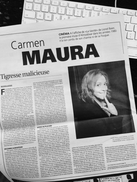 Portrait d'actrice Carmen Maura pour illustrer un article de Mathieu Loewer dans le Courrier du 2 octobre.